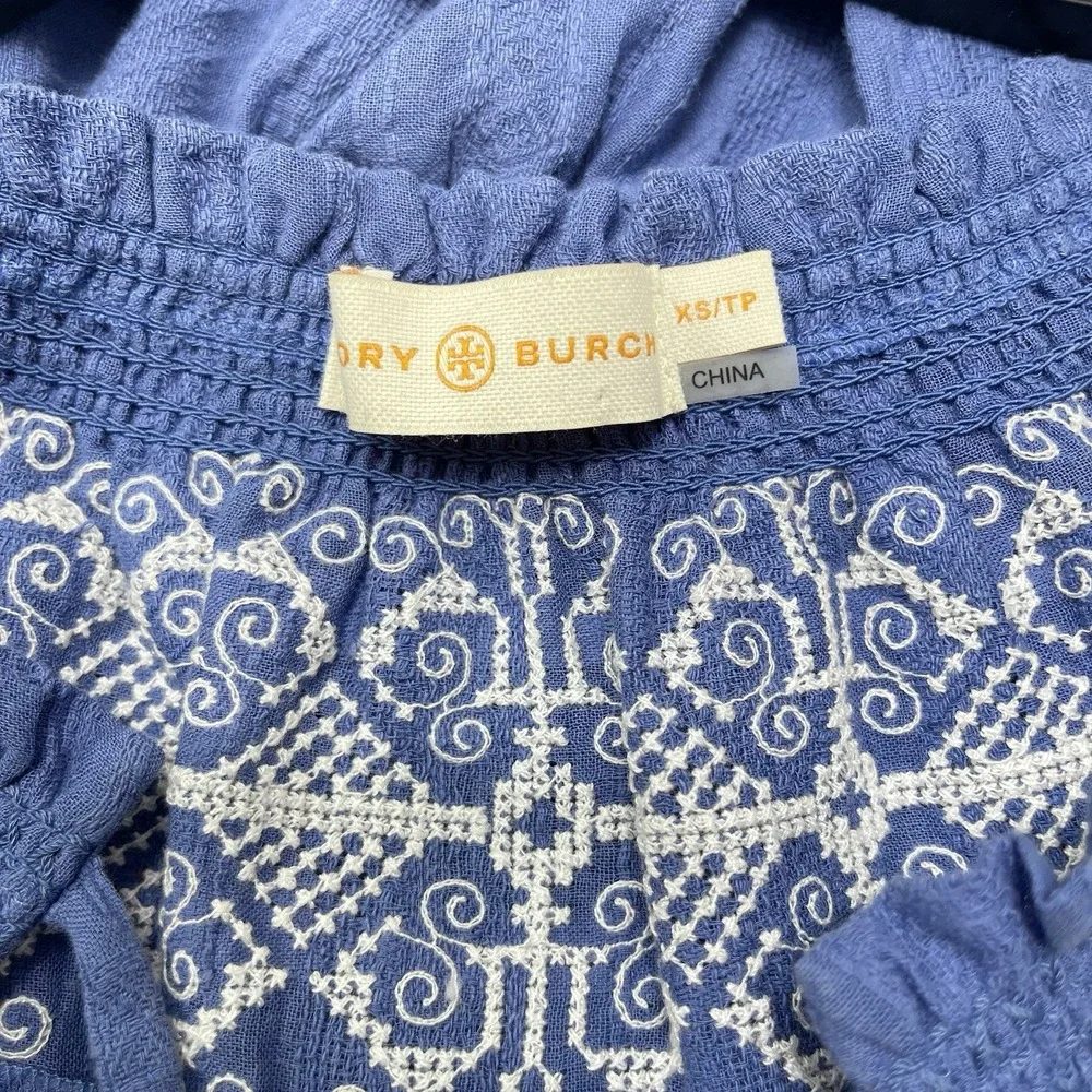 Tory Burch Nina Embroidered Peasant Short Sleeve Blouse in Blue Size XS - Picture 8 of 9